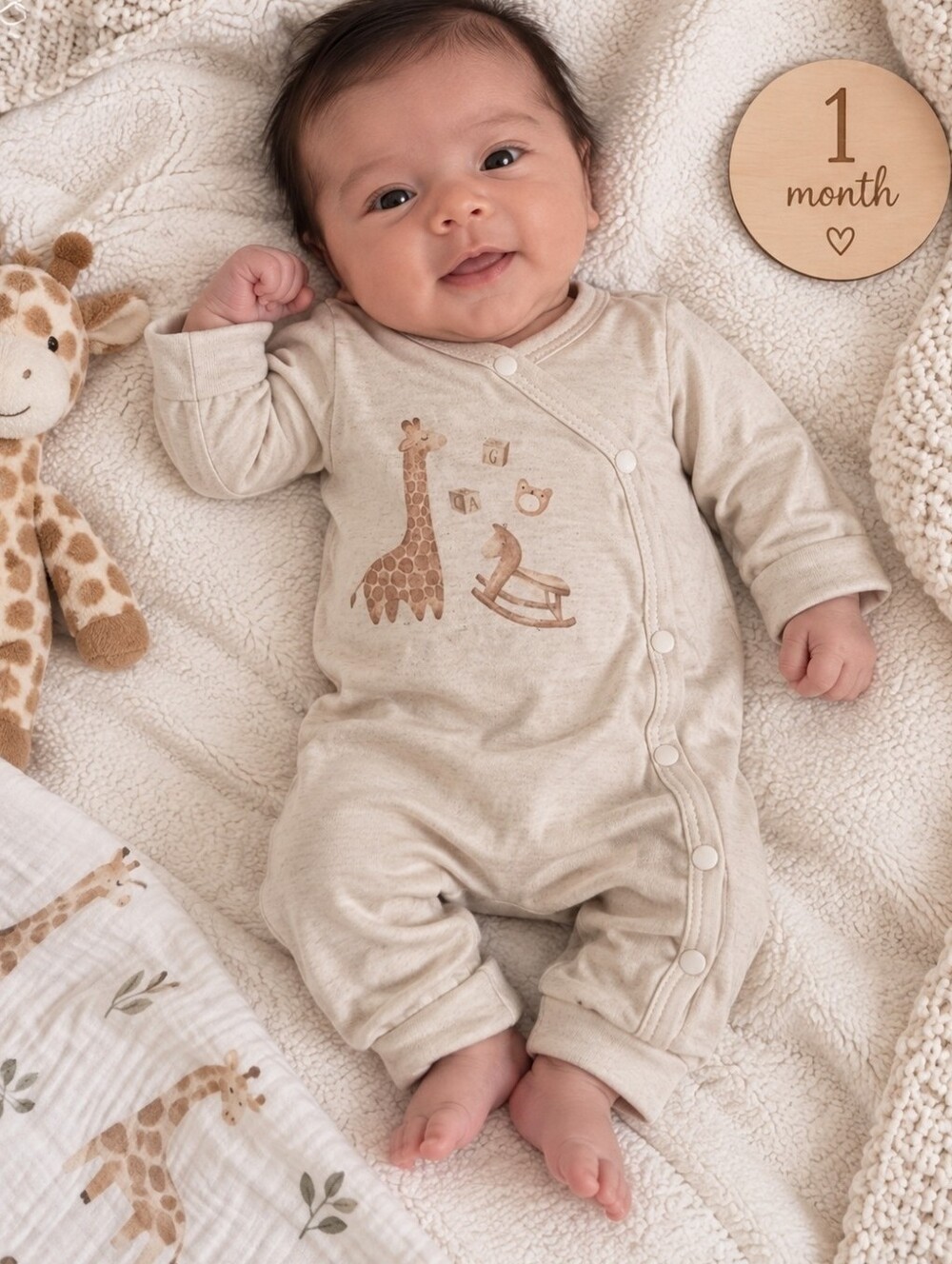 0-1 Month Shein Beige Giraffe Print Baby One-Piece